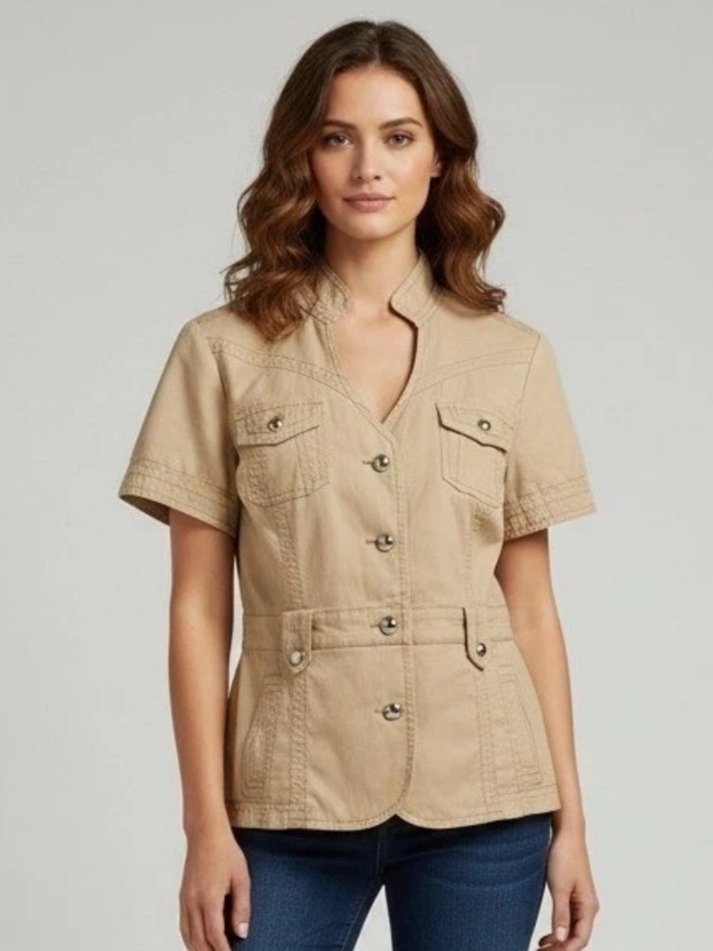 White House Black Market Belted Safari Military Jacket 6 Beige Short Sleeve Y2K